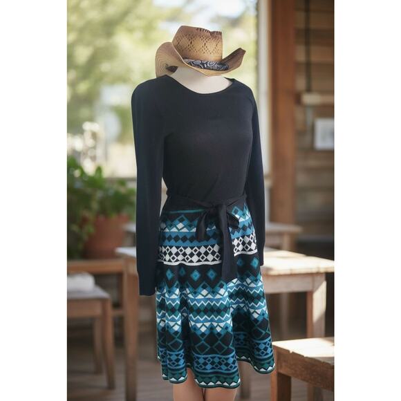 Eliza J Fit & Flare Sweater Dress Coastal Boho Chic Country Western Print LG - Picture 1 of 13